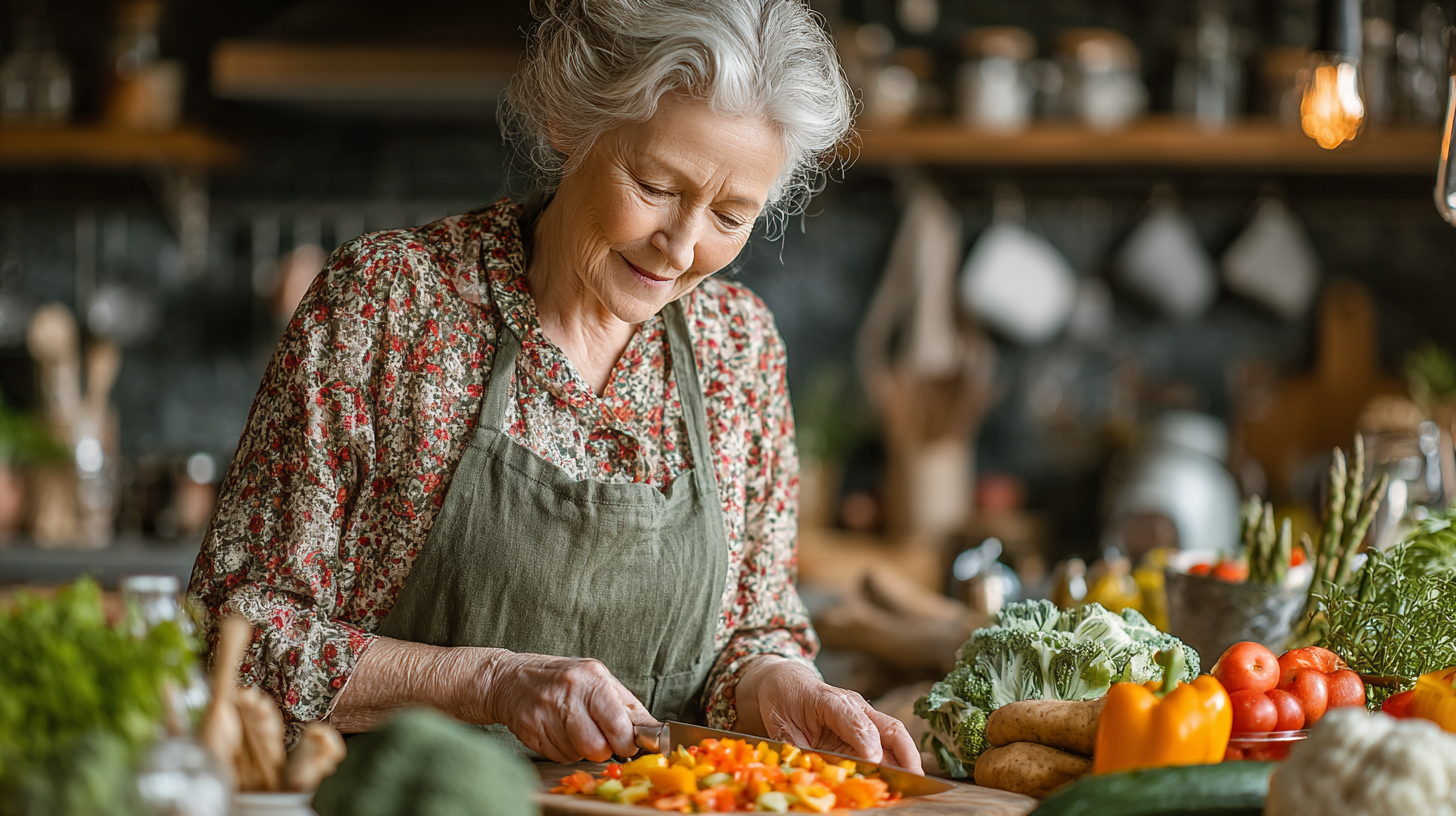 Щаслива пара старшого віку готує здорову їжу